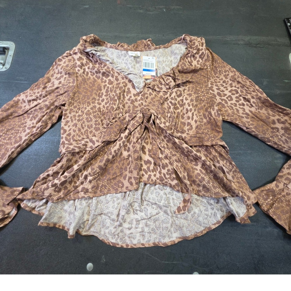 Self Esteem Chocolate Brown Leopard Print Ruffle Tie Front Peplum Blouse XL NEW